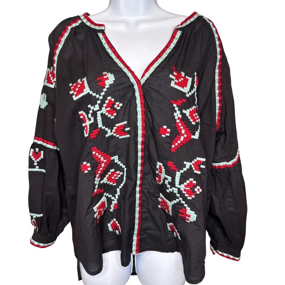 RD + Koko Womens Black Embroidered Boho Peasant Blouse Sz L Balloon Sleeve Artsy
